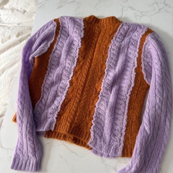 Tach Clothing Colorblock Lilac and Rust Cable Knit Cropped Cardigan Sweater - M - Picture 2 of 14